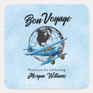 Pegatina Cuadrada Fiesta de Jubilación Bon Voyage Globo de Viajes Av