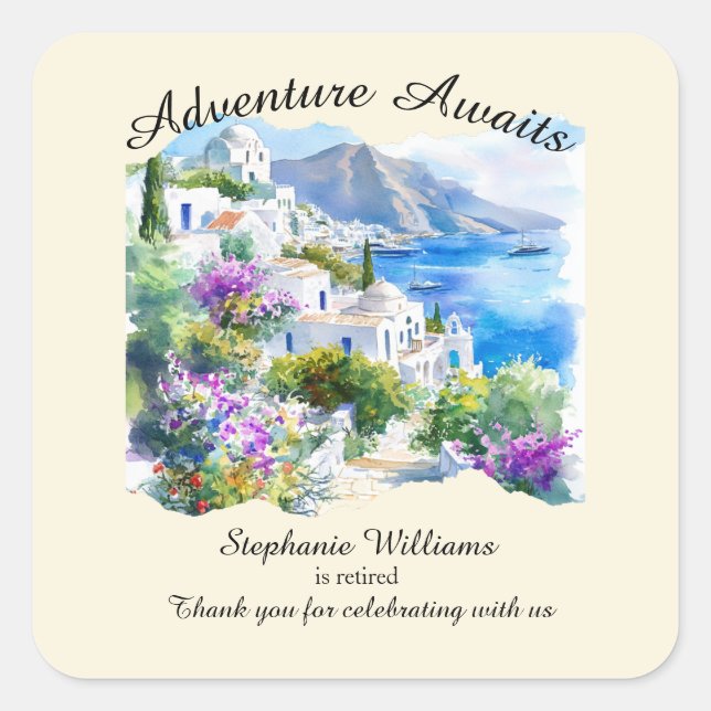 Pegatina Cuadrada Fiesta de Jubilación Colorful Greece Village Ocean (Anverso)
