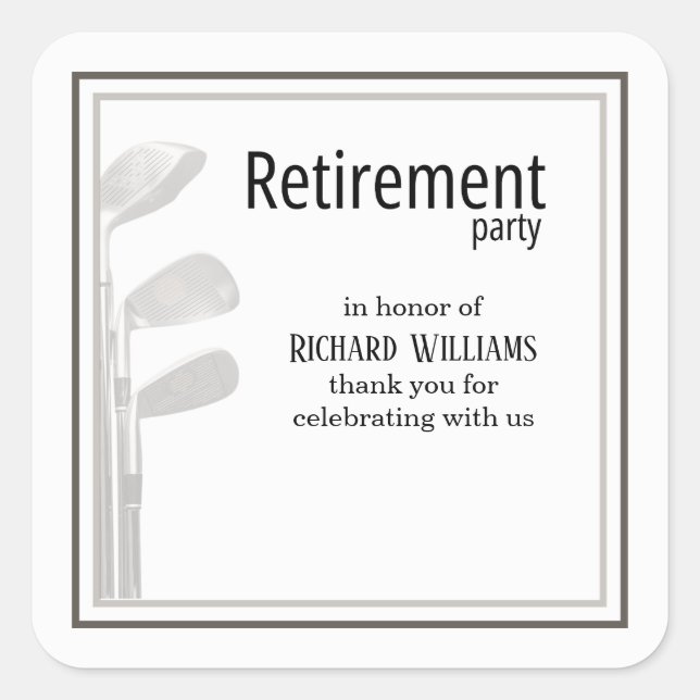 Pegatina Cuadrada Fiesta de Jubilación Golf Moderno Corporativo Blan (Anverso)