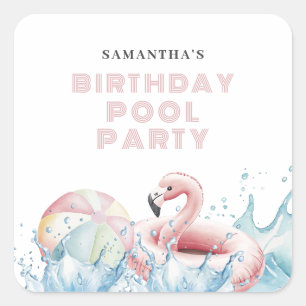 Pegatina Cuadrada Fiesta de la piscina de cumpleaños de verano rosad