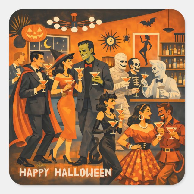 Pegatina Cuadrada Fiesta de Martini de Halloween Moderno de Mitad de (Anverso)