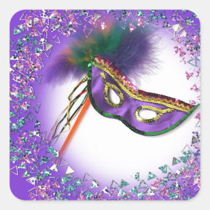 Pegatina Cuadrada Fiesta de Máscaras con Máscara de Pluma Púrpura