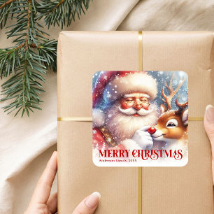 Pegatina Cuadrada Fiesta de Navidad Personalizada de Santa Rudolph F
