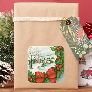 Pegatina Cuadrada fiesta de Navidad retro vintage