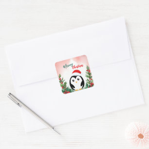 Pegatina Cuadrada Fiesta de Nochebuena de pingüino de navidad de col