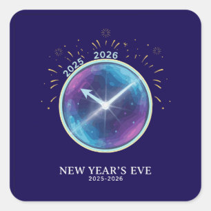 Pegatina Cuadrada Fiesta de Nochevieja 2026 Reloj Celestial Vibrante