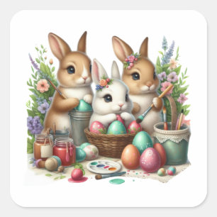 Pegatina Cuadrada Fiesta de pintura Cute, Conejo de Pascua/Primavera