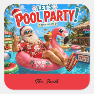 Pegatina Cuadrada Fiesta de Piscina en Navidad en Julio con Santa Cl