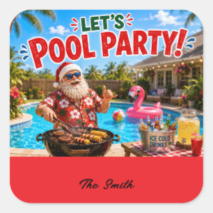 Pegatina Cuadrada Fiesta de Piscina en Navidad en Julio con Santa Cl