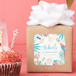 Pegatina Cuadrada Fiesta de piscina tropical Cumpleaños