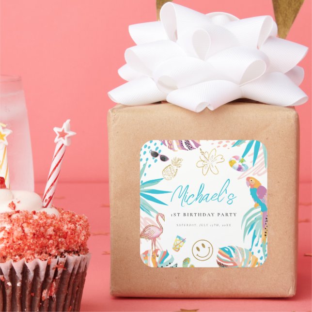 Pegatina Cuadrada Fiesta de piscina tropical Cumpleaños (Fiesta)