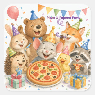 Pegatina Cuadrada Fiesta de Pizza y Pijamas Animales Lindos 