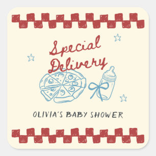 Pegatina Cuadrada Fiesta de Pizzas Vintage para Baby Shower de 'Entr