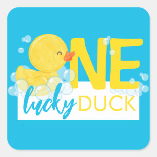 Pegatina Cuadrada Fiesta de primer cumpleaños de Blue One Lucky Duck