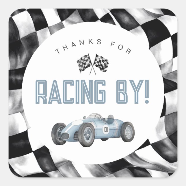 Pegatina Cuadrada Fiesta de primer cumpleaños de Blue Race Car Fast (Anverso)