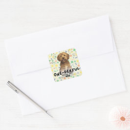 Pegatina Cuadrada Fiesta de Primer Cumpleaños del Goldendoodle Verde