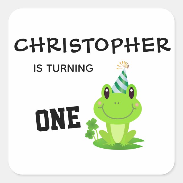 Pegatina Cuadrada Fiesta de rana Primer cumpleaños Swamp Green Frogg (Anverso)
