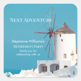 Pegatina Cuadrada Fiesta de retiro de destino Azul blanco griego