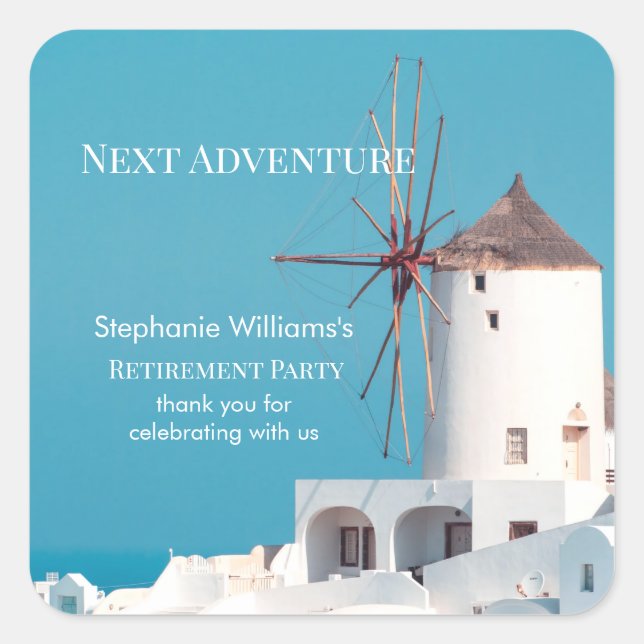 Pegatina Cuadrada Fiesta de retiro de destino Azul blanco griego (Anverso)