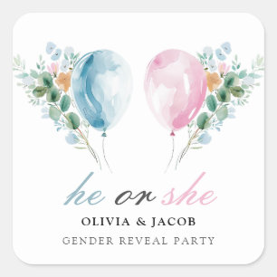 Pegatina Cuadrada Fiesta de revelación de los globos rosas azules