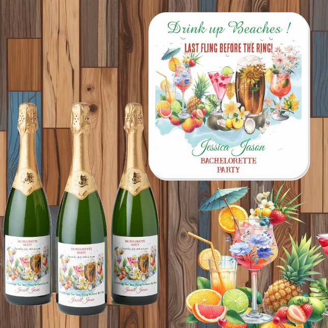 Pegatina Cuadrada Fiesta de Soltera Frutas Cóctel Playas Bebamos (Drink Up Beaches Cocktail Fruit Bachelorette Party Square Sticker)