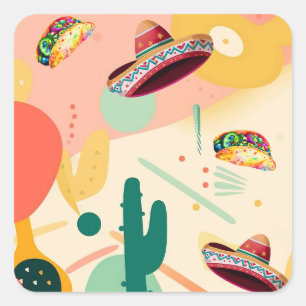 Pegatina Cuadrada Fiesta de Tacos y Sombreros