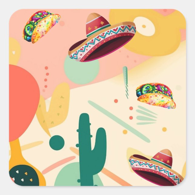 Pegatina Cuadrada Fiesta de Tacos y Sombreros (Anverso)