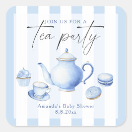 Pegatina Cuadrada Fiesta de té azul para baby shower
