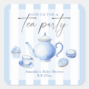 Pegatina Cuadrada Fiesta de té azul para baby shower