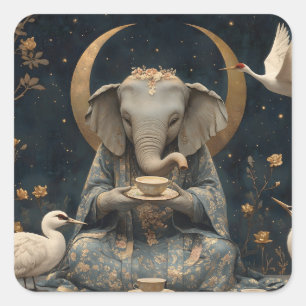 Pegatina Cuadrada Fiesta De Té De Elefante Mítico Bajo Crescent Moon