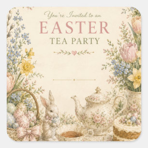 Pegatina Cuadrada Fiesta de té de Pascua, Celebración floral vintage