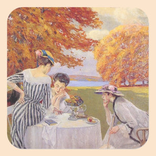 Pegatina Cuadrada Fiesta de té en el jardín de otoño vintage elegant