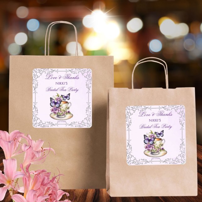 Pegatina Cuadrada Fiesta de té nupcial victoriana de mariposas púrpu (Purple butterflies Victorian bridal tea party bridal shower thank you favor Sticker)