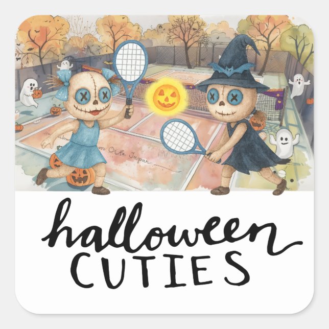 Pegatina Cuadrada Fiesta de Tenis Halloween con pelota de tenis y fa (Anverso)