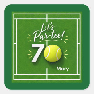 Pegatina Cuadrada Fiesta de tenis personalizada para 70 cumpleaños