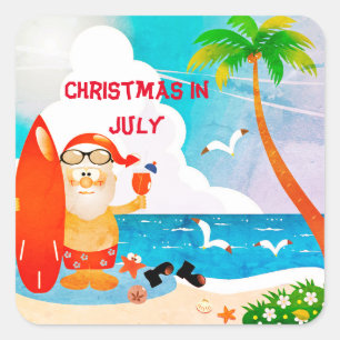 Pegatina Cuadrada Fiesta de verano de Navidad en Julio Papá Noel