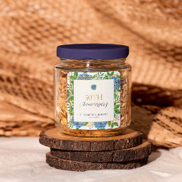 Pegatina Cuadrada Fiesta del 50 aniversario Boda Hydrangea Azul dora