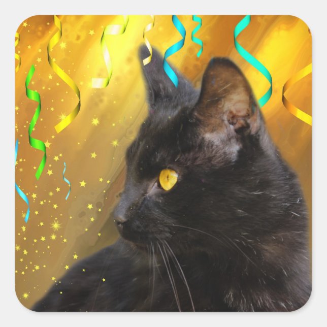Pegatina Cuadrada Fiesta del gato negro (Anverso)