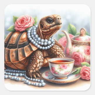Pegatina Cuadrada Fiesta del té de la tortuga