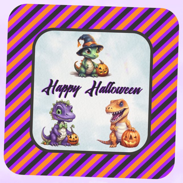 Pegatina Cuadrada Fiesta Dino-Mash de los dinosaurios de Halloween (Purple font Halloween Dino Stickers)