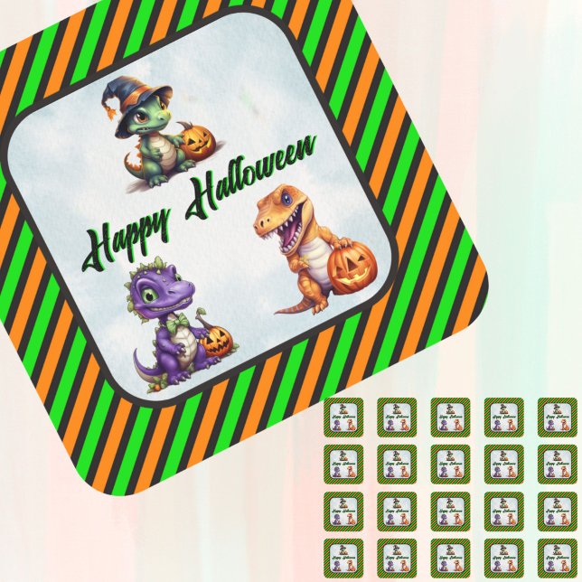 Pegatina Cuadrada Fiesta Dino-Mash de los dinosaurios de Halloween (Halloween dino stickers)