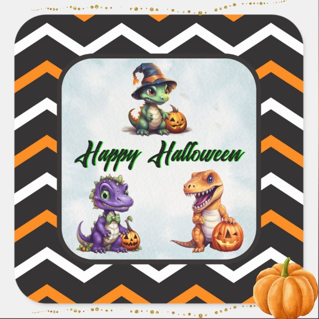 Pegatina Cuadrada Fiesta Dino-Mash de los dinosaurios de Halloween (Dino Happy Halloween Sticker)