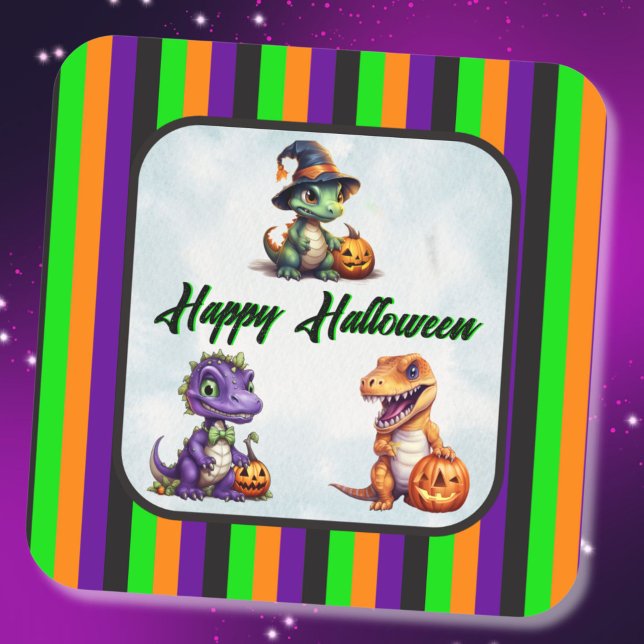 Pegatina Cuadrada Fiesta Dino-Mash de los dinosaurios de Halloween (Dinosaur Halloween Stickers with 3 dinos!)