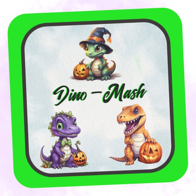 Pegatina Cuadrada Fiesta Dino-Mash de los dinosaurios de Halloween (Green trim dino Halloween Sticker)