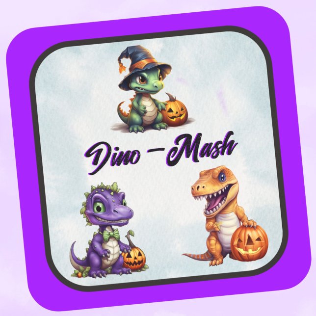 Pegatina Cuadrada Fiesta Dino-Mash de los dinosaurios de Halloween (Triple DIno, Dino-Mash stickers for Halloween with Purple trim)