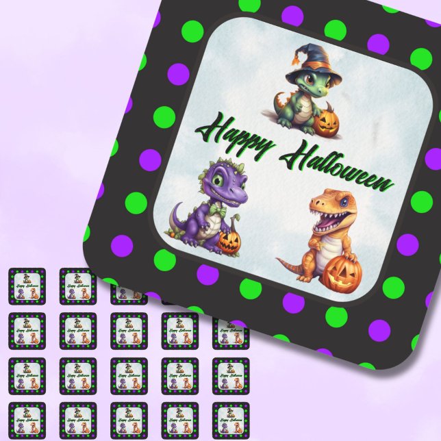 Pegatina Cuadrada Fiesta Dino-Mash de los dinosaurios de Halloween (Polka Dot Dino Halloween Stickers)
