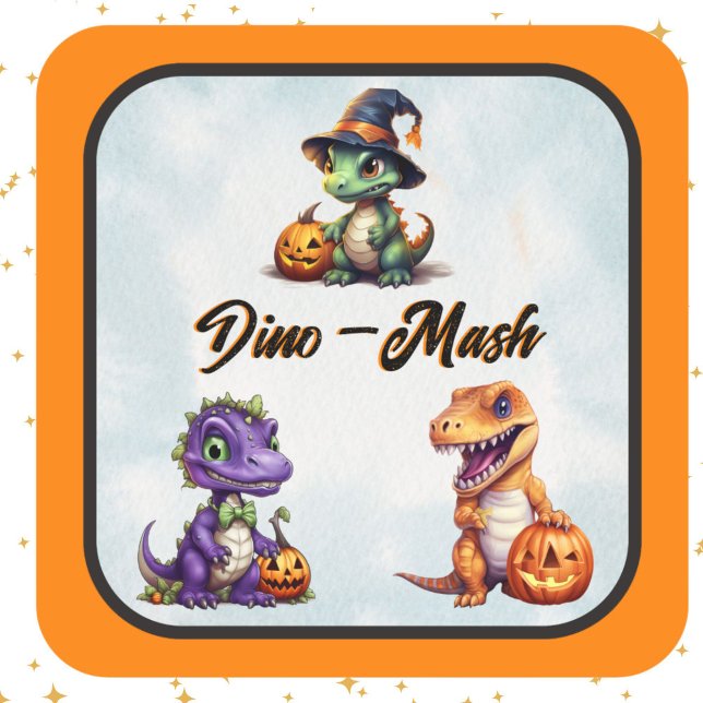 Pegatina Cuadrada Fiesta Dino-Mash de los dinosaurios de Halloween (Orange trim dino Halloween Sticker)