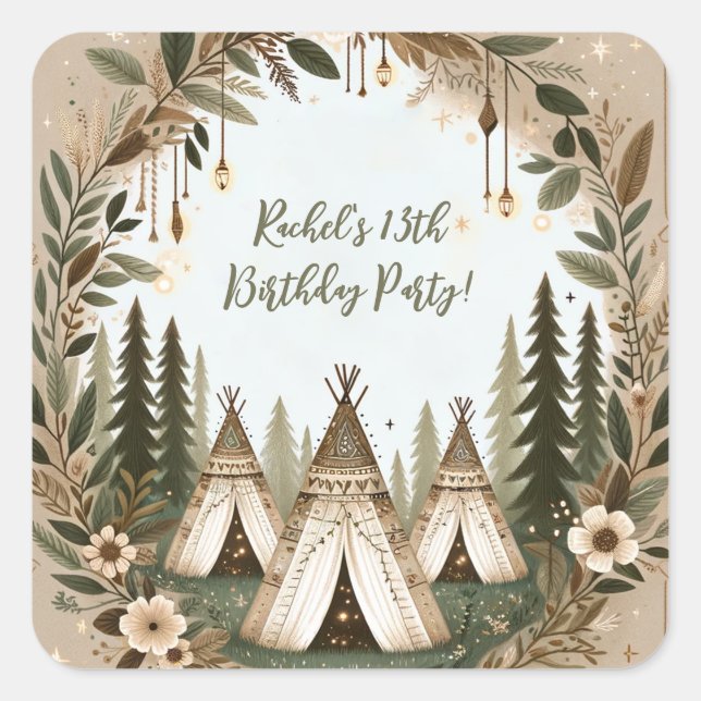 Pegatina Cuadrada Fiesta encantado de Boho Forest Teepee Sleepover (Anverso)