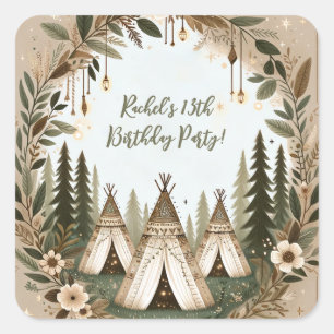 Pegatina Cuadrada Fiesta encantado de Boho Forest Teepee Sleepover