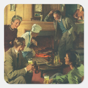 Pegatina Cuadrada Fiesta Familiar Vintage, Cocinar Bistecs Beber Cer